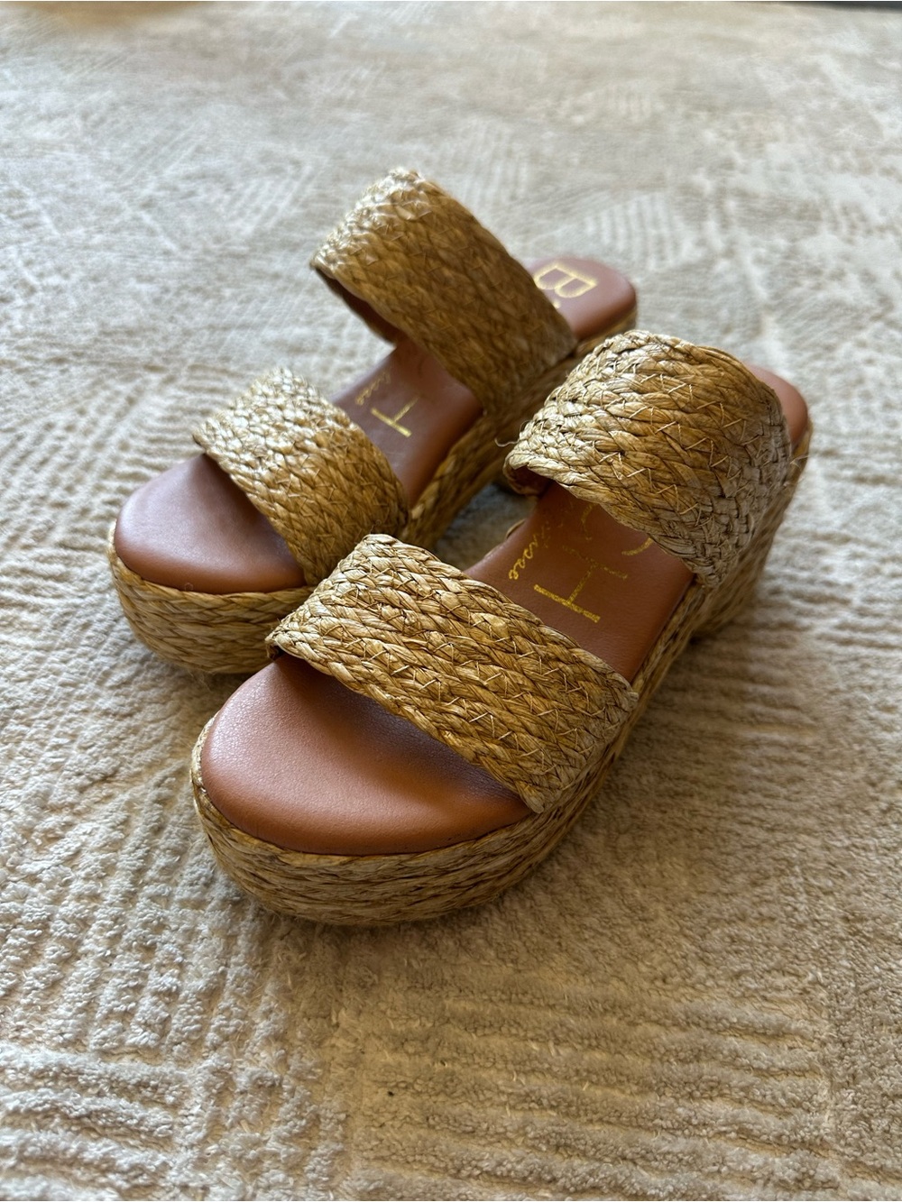 Woven Straw Double-Band Platform Sandals in Natural